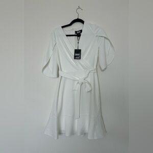 DKNY Women's Open Sleeve Ruched Dress, Ivory Sheath, Size 6